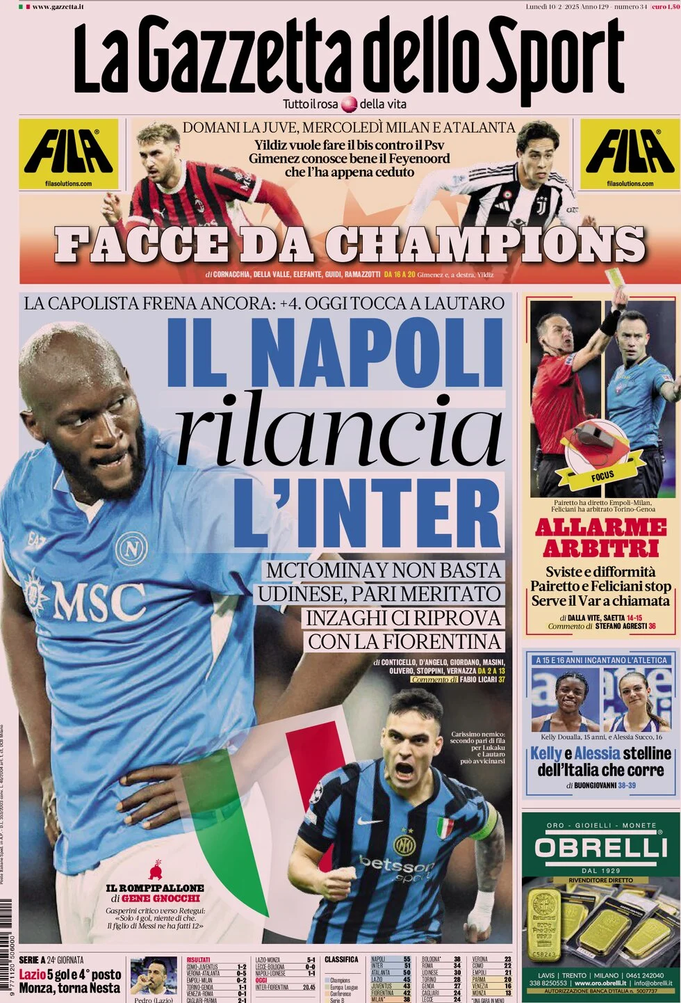 anteprima della prima pagina di la-gazzetta-dello-sport del 10/02/2025