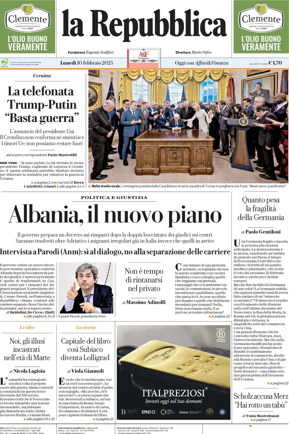 anteprima della prima pagina di la-repubblica del 10/02/2025