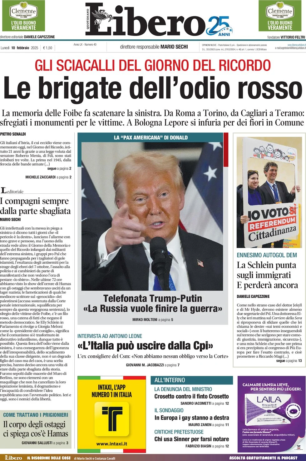 anteprima della prima pagina di libero-quotidiano del 10/02/2025