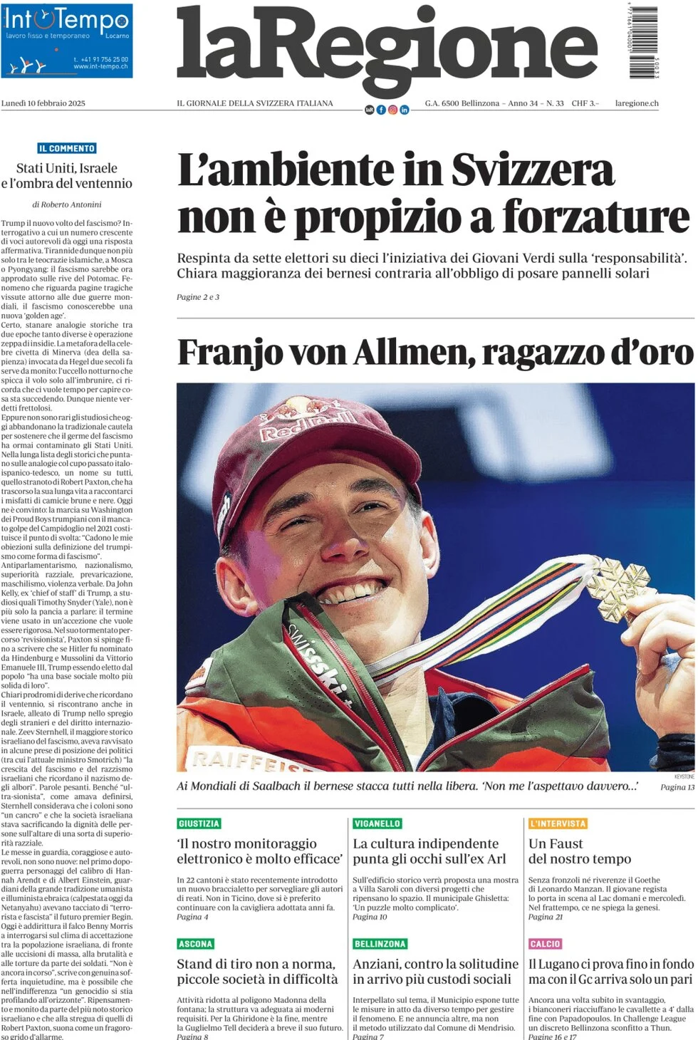 anteprima della prima pagina di la-regione del 10/02/2025