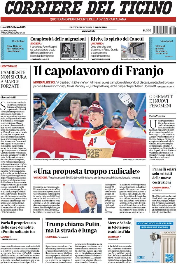 anteprima della prima pagina di corriere-del-ticino del 10/02/2025