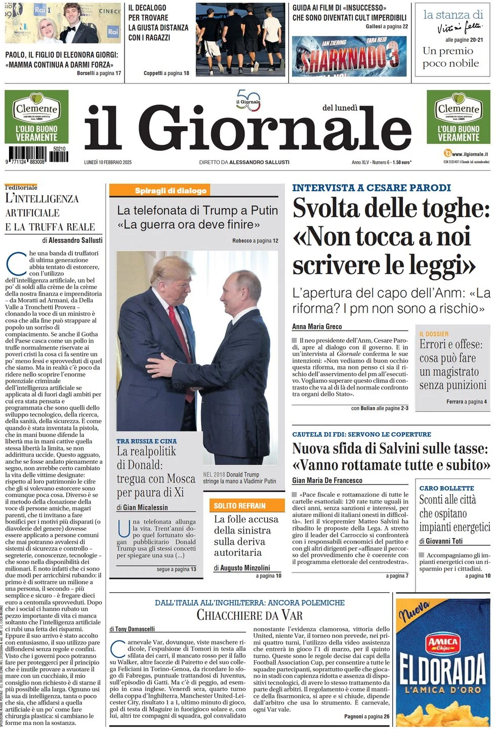 anteprima della prima pagina di il-giornale del 10/02/2025