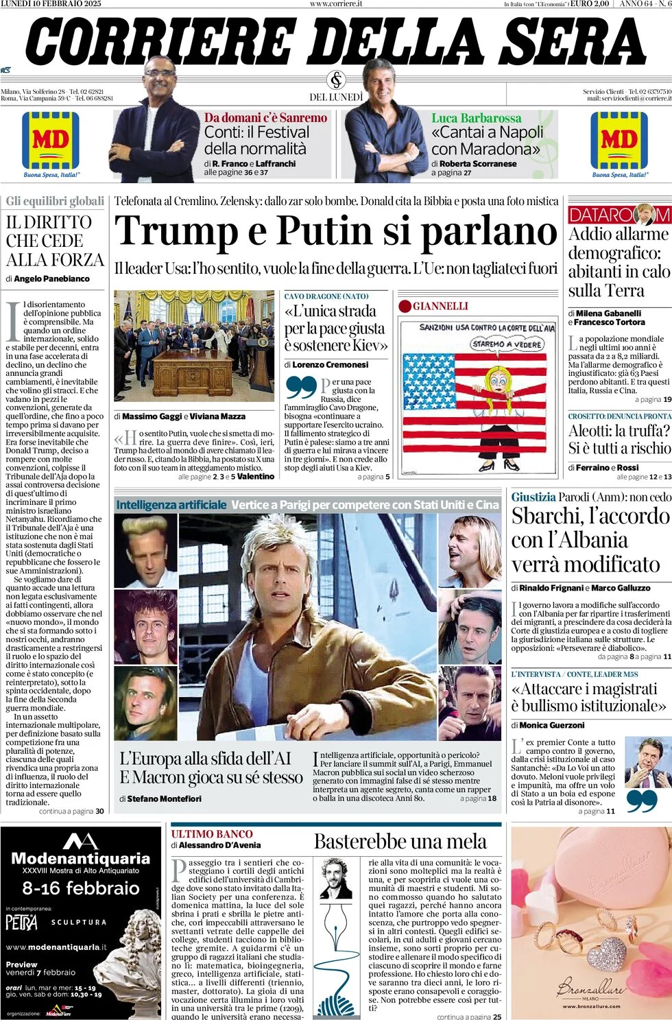 anteprima della prima pagina di corriere-della-sera del 10/02/2025