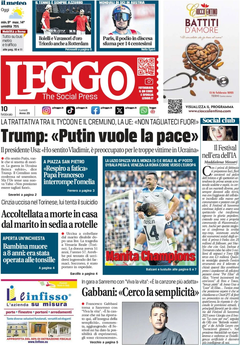 anteprima della prima pagina di leggo-roma del 10/02/2025