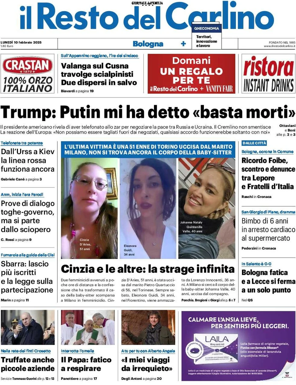 anteprima della prima pagina di il-resto-del-carlino del 10/02/2025