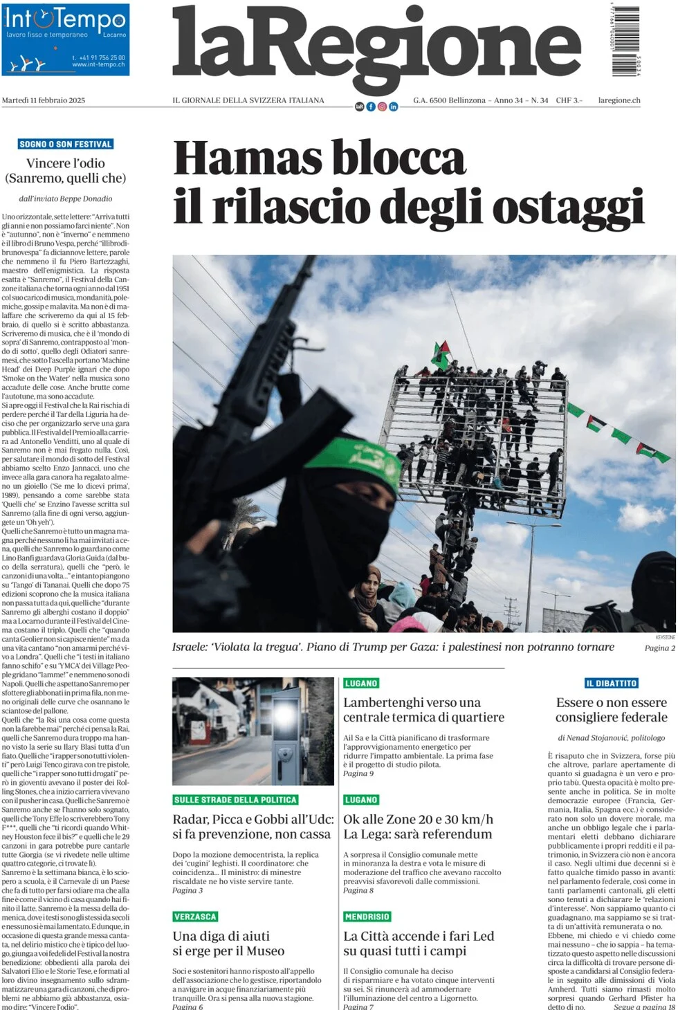 anteprima della prima pagina di la-regione del 11/02/2025
