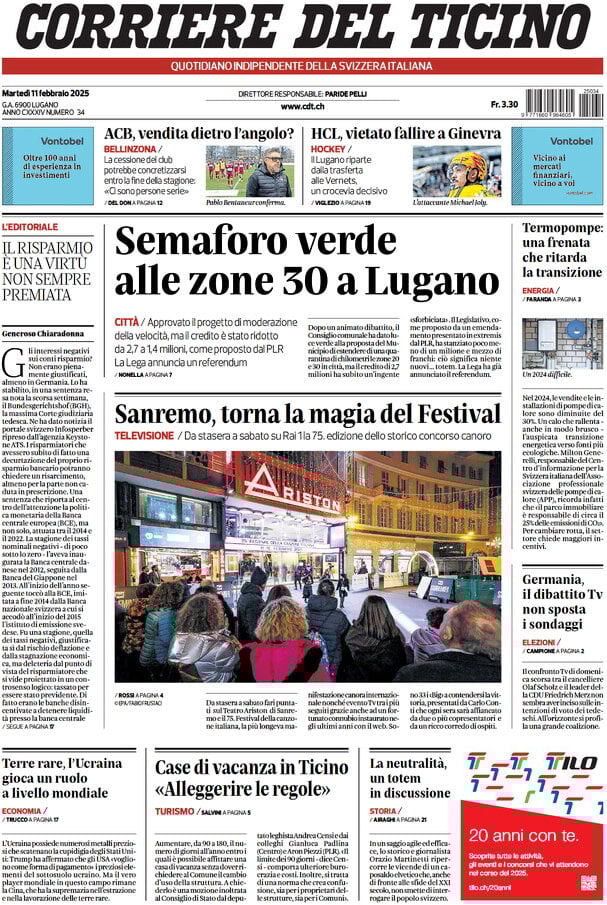 anteprima della prima pagina di corriere-del-ticino del 11/02/2025