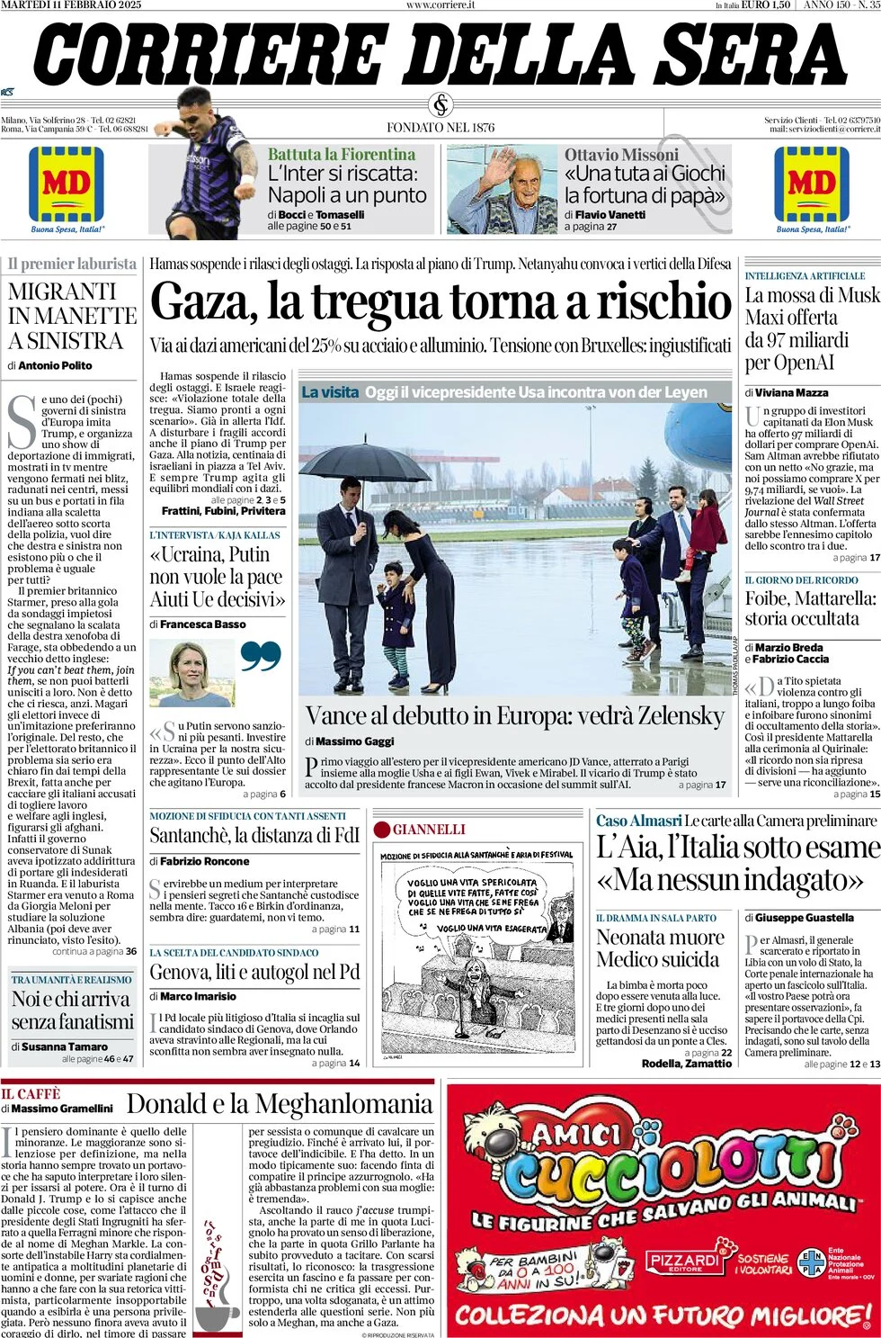 anteprima della prima pagina di corriere-della-sera del 11/02/2025