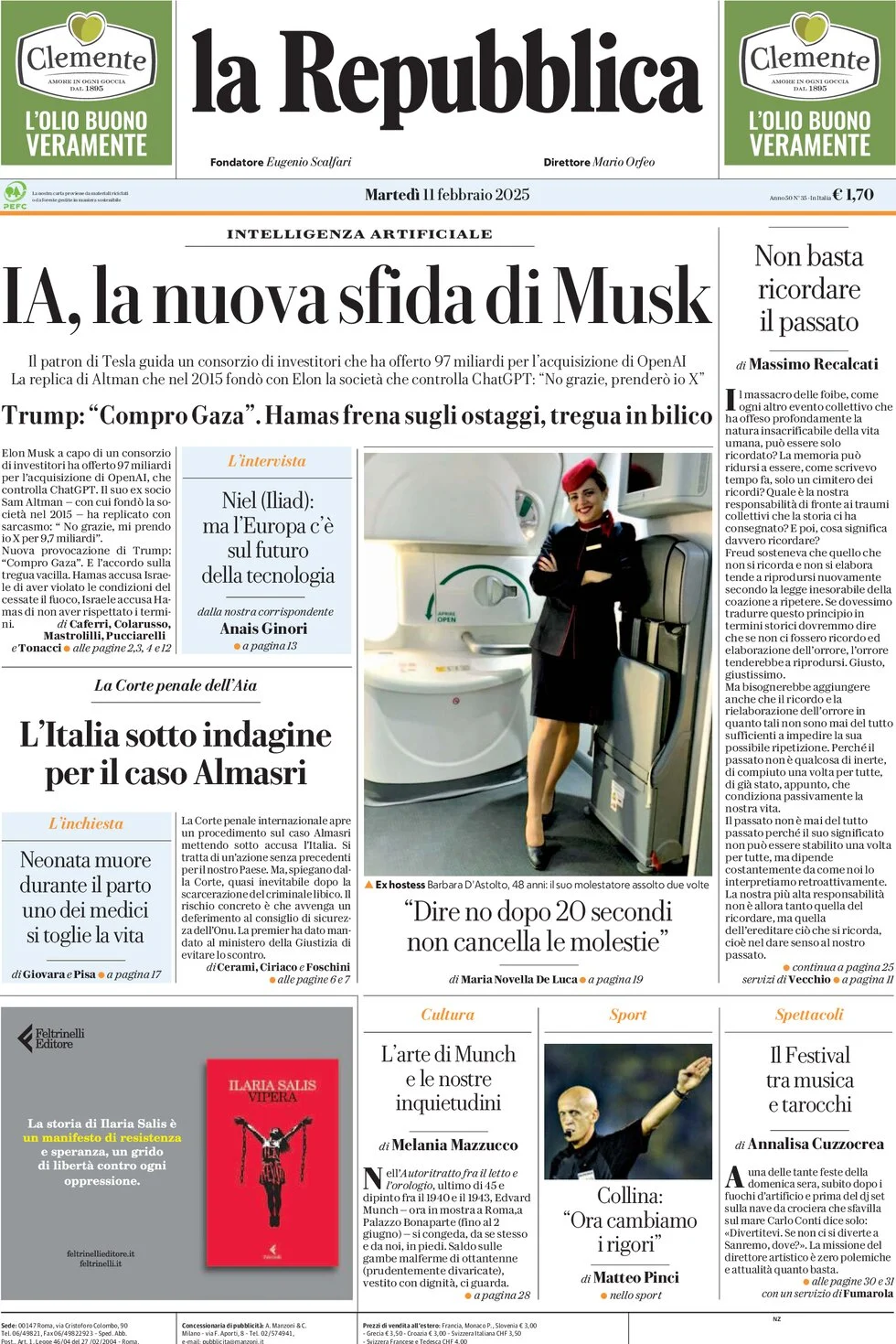 anteprima della prima pagina di la-repubblica del 11/02/2025