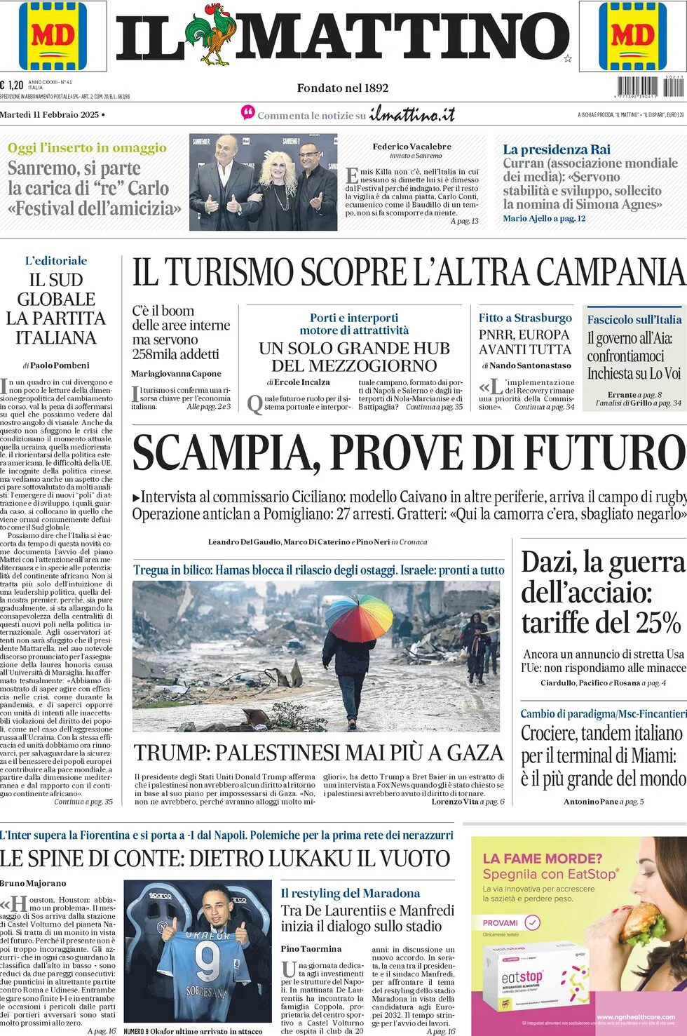 anteprima della prima pagina di il-mattino del 11/02/2025