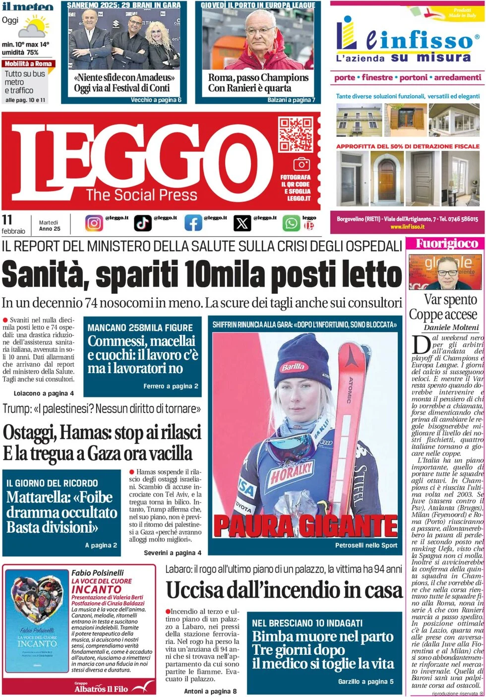 anteprima della prima pagina di leggo-roma del 11/02/2025