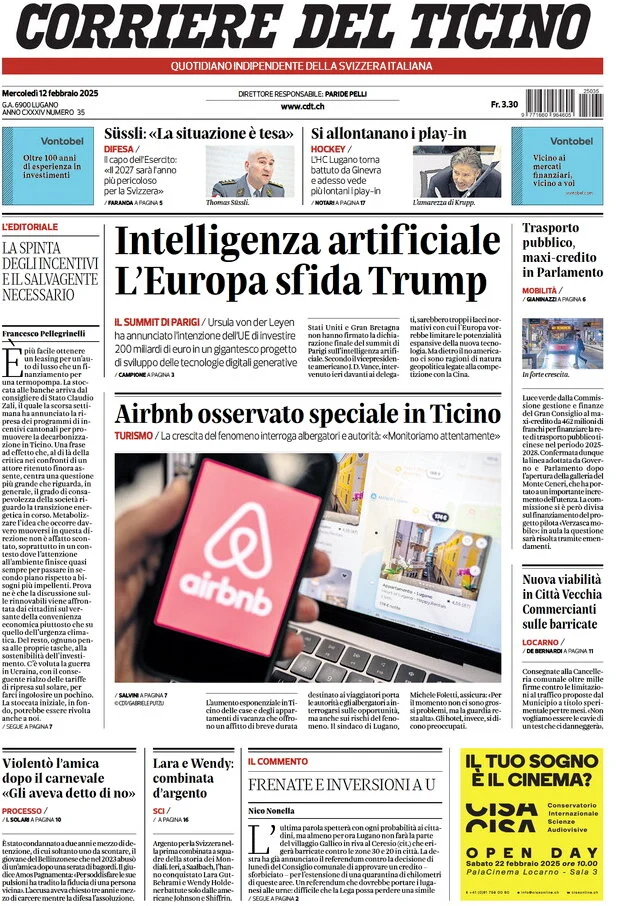 anteprima della prima pagina di corriere-del-ticino del 12/02/2025