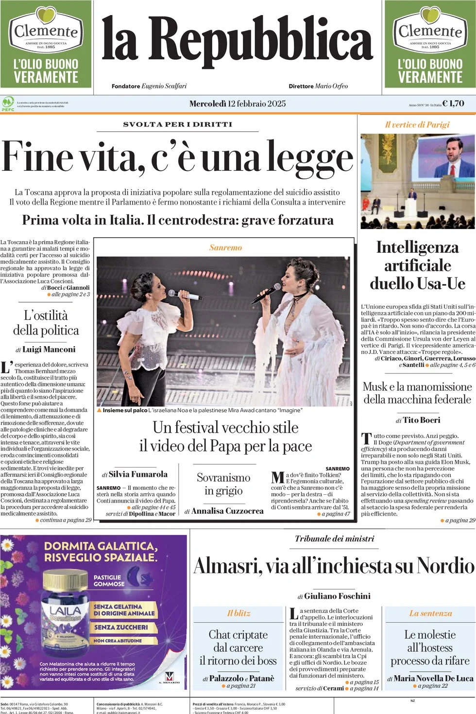 anteprima della prima pagina di la-repubblica del 12/02/2025