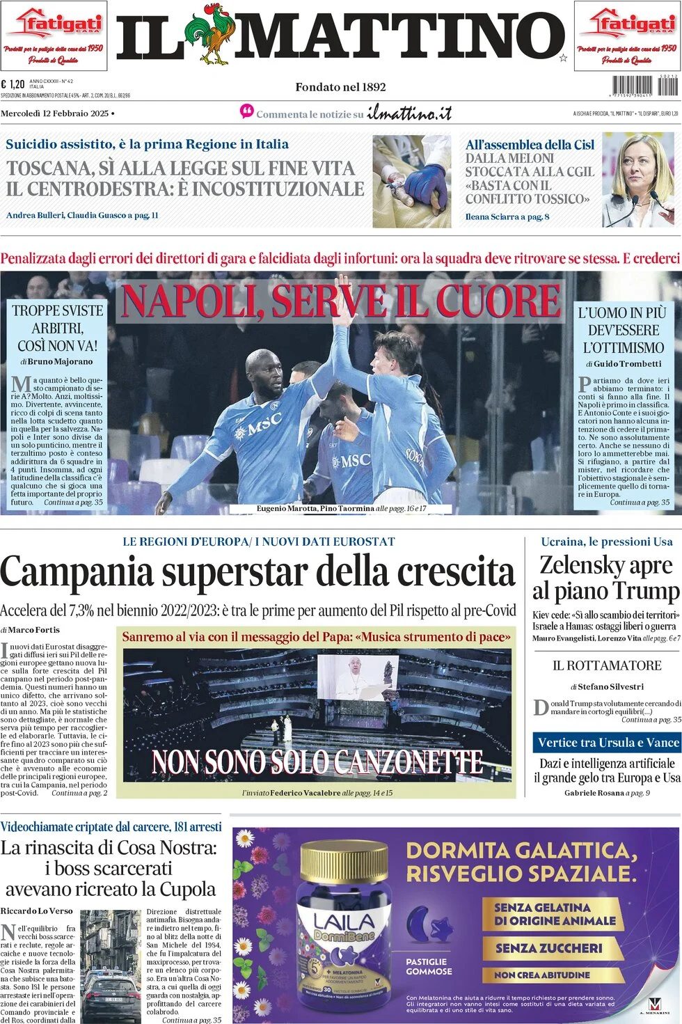 anteprima della prima pagina di il-mattino del 12/02/2025