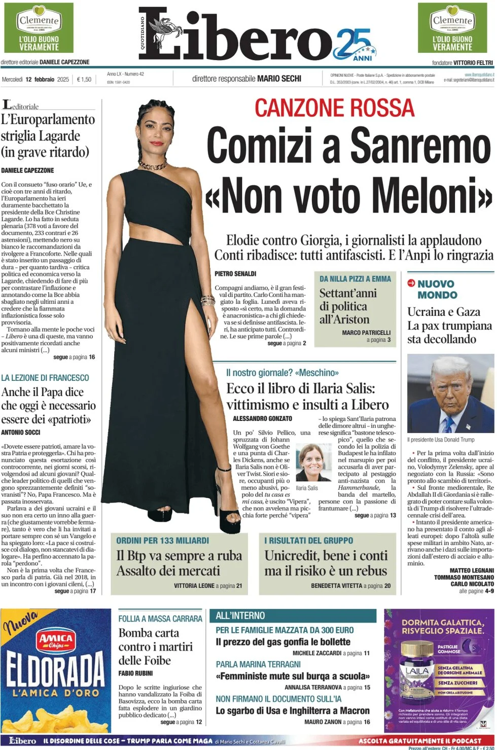 anteprima della prima pagina di libero-quotidiano del 12/02/2025