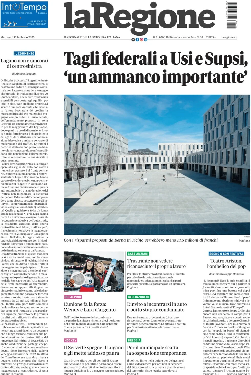 anteprima della prima pagina di la-regione del 12/02/2025