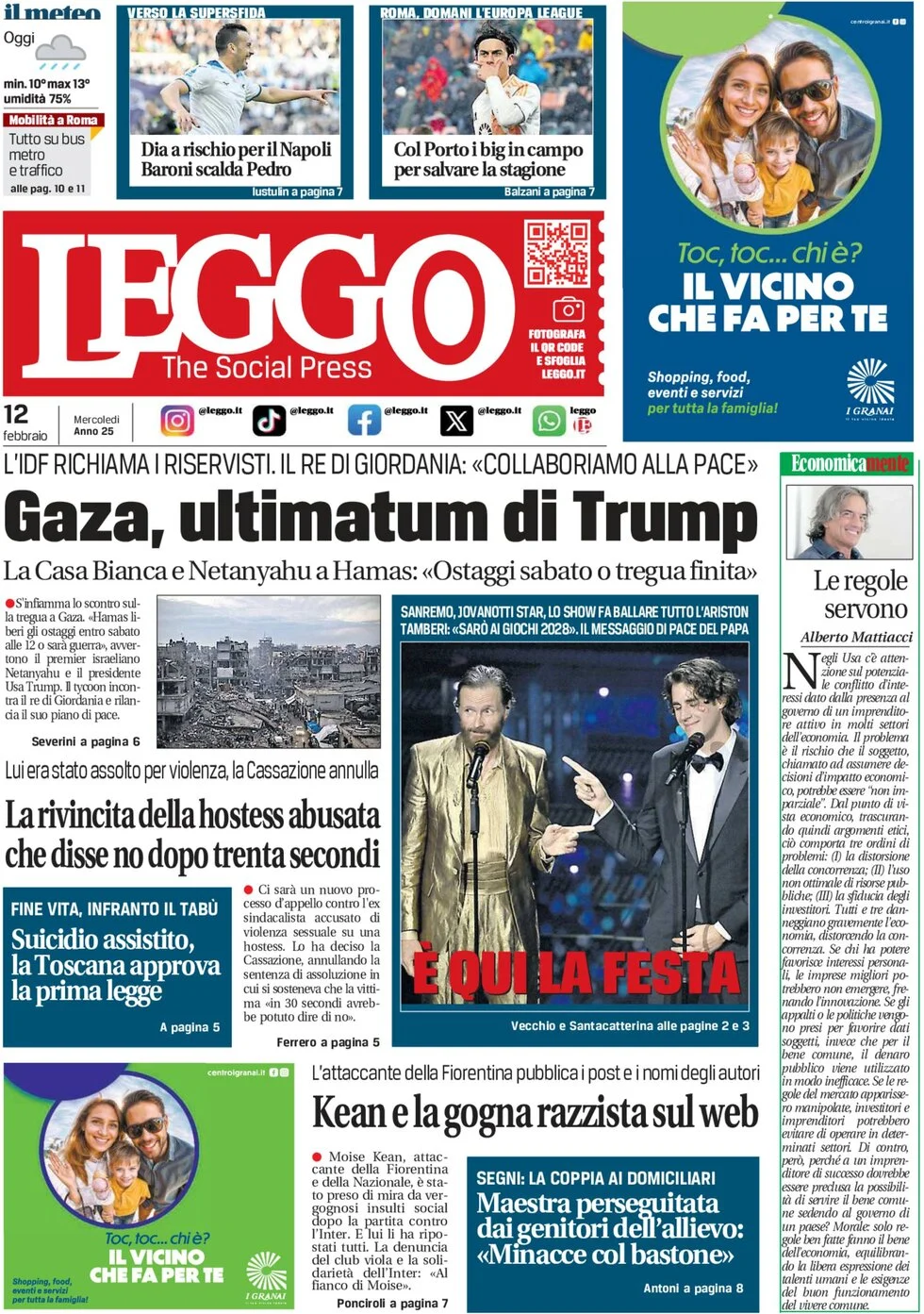 anteprima della prima pagina di leggo-roma del 12/02/2025