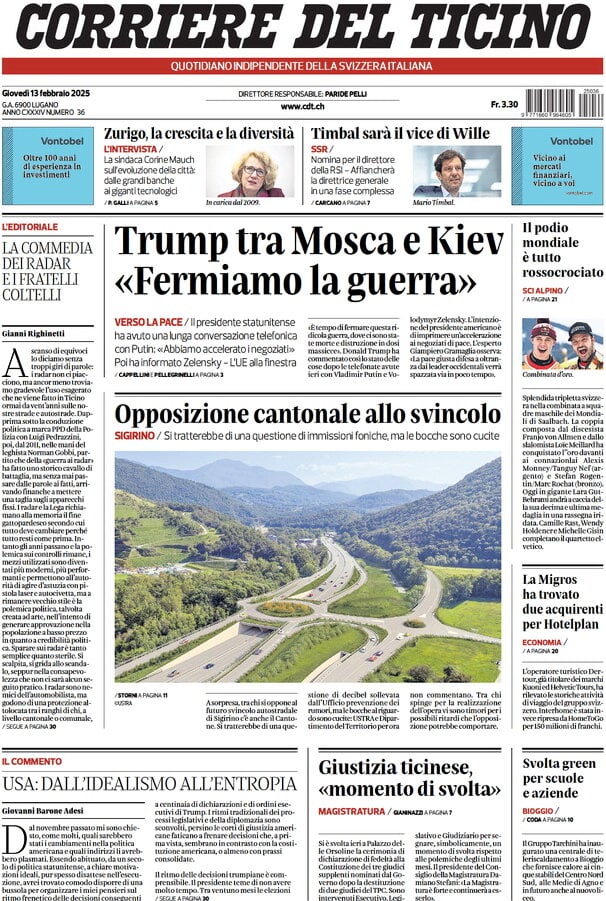 anteprima della prima pagina di corriere-del-ticino del 13/02/2025