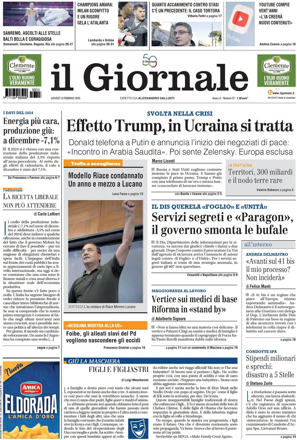 anteprima della prima pagina di il-giornale del 13/02/2025