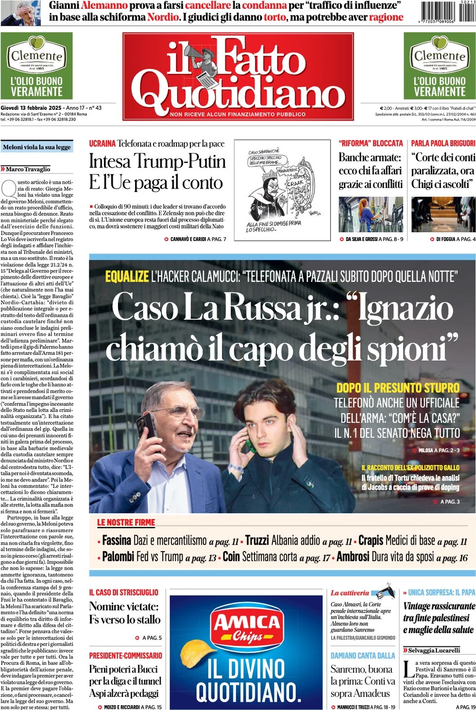 anteprima della prima pagina di il-fatto-quotidiano del 13/02/2025