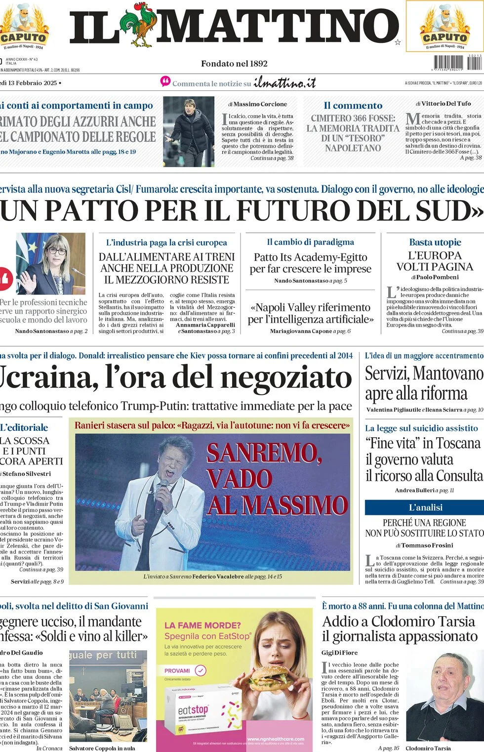 anteprima della prima pagina di il-mattino del 13/02/2025