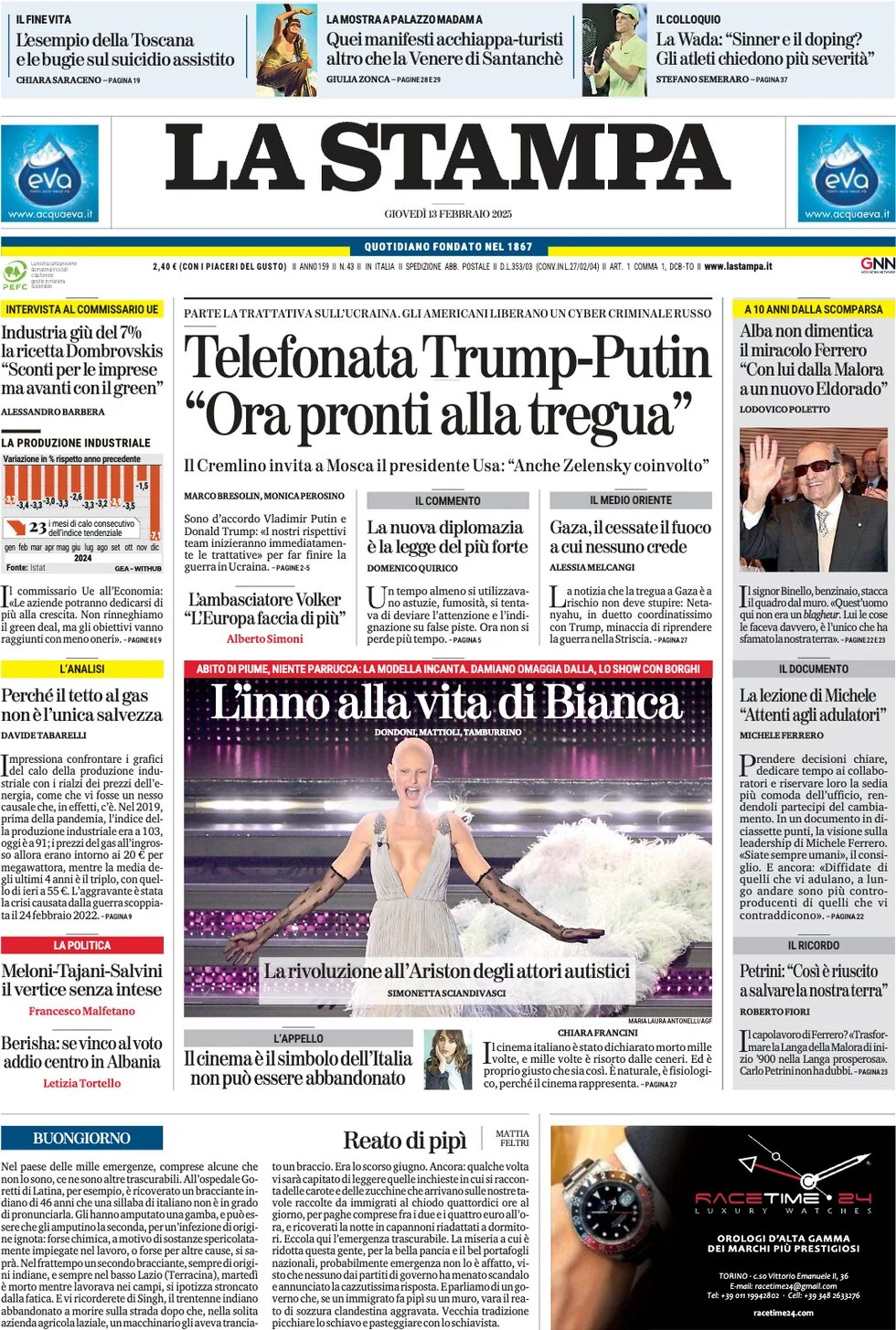 anteprima della prima pagina di la-stampa del 13/02/2025