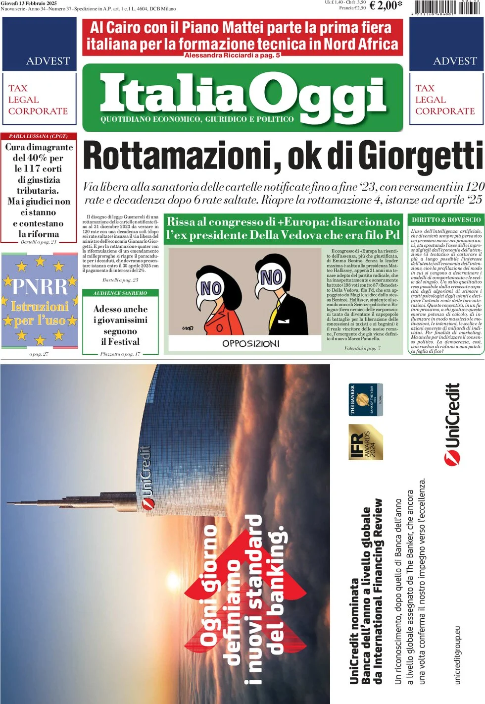 anteprima della prima pagina di italiaoggi del 13/02/2025