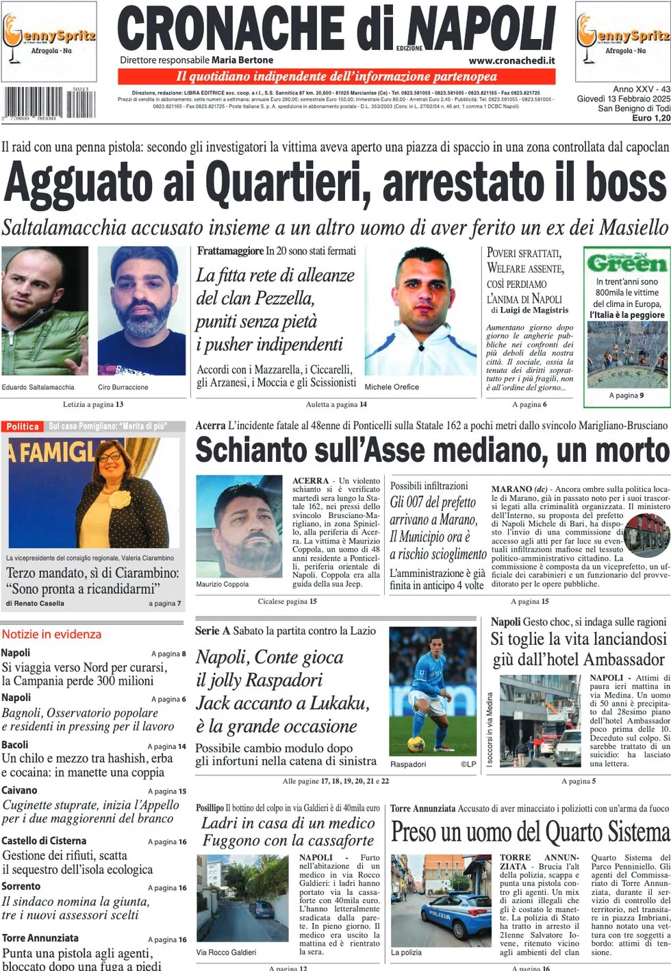 anteprima della prima pagina di cronache-di-napoli del 13/02/2025