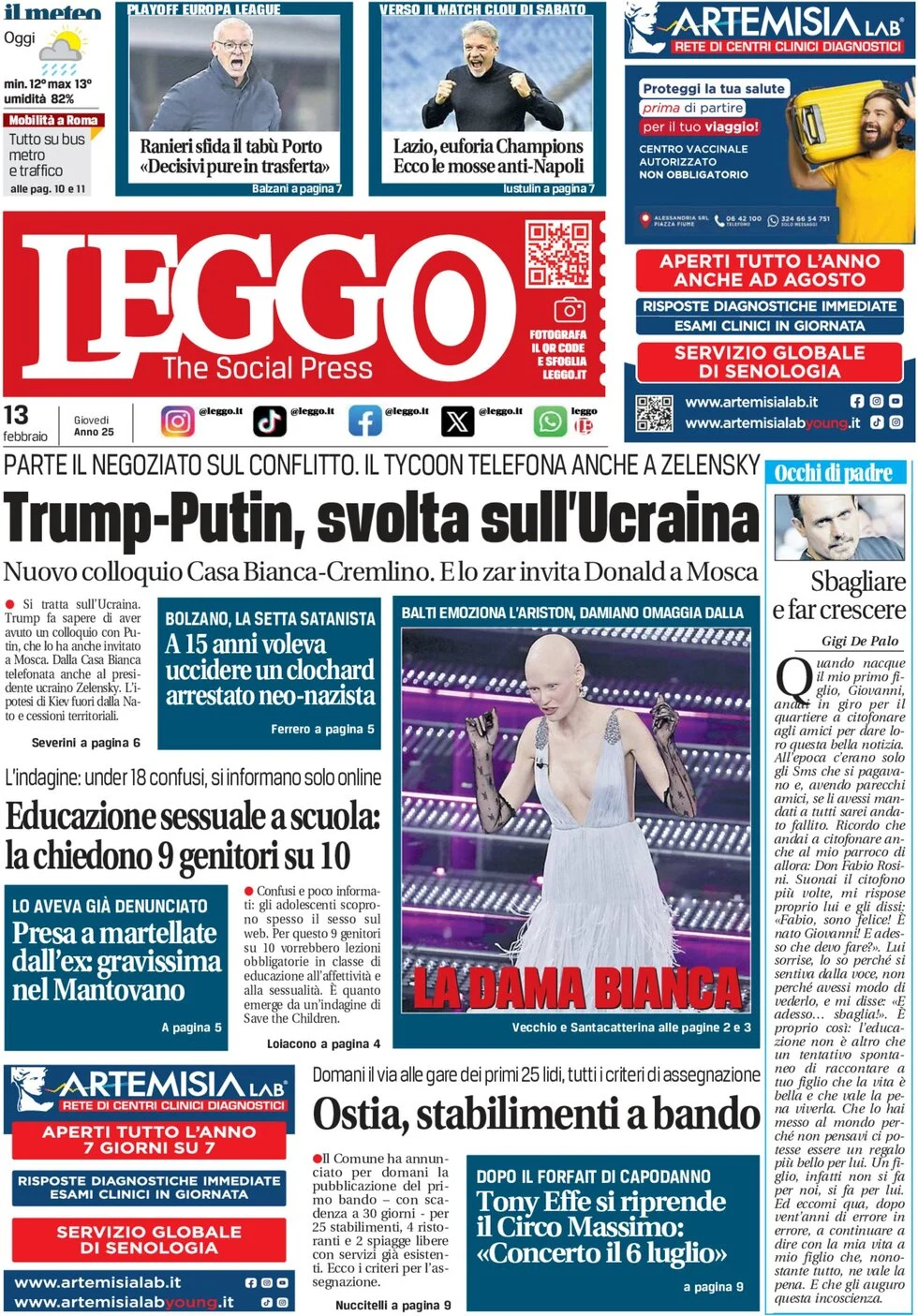 anteprima della prima pagina di leggo-roma del 13/02/2025