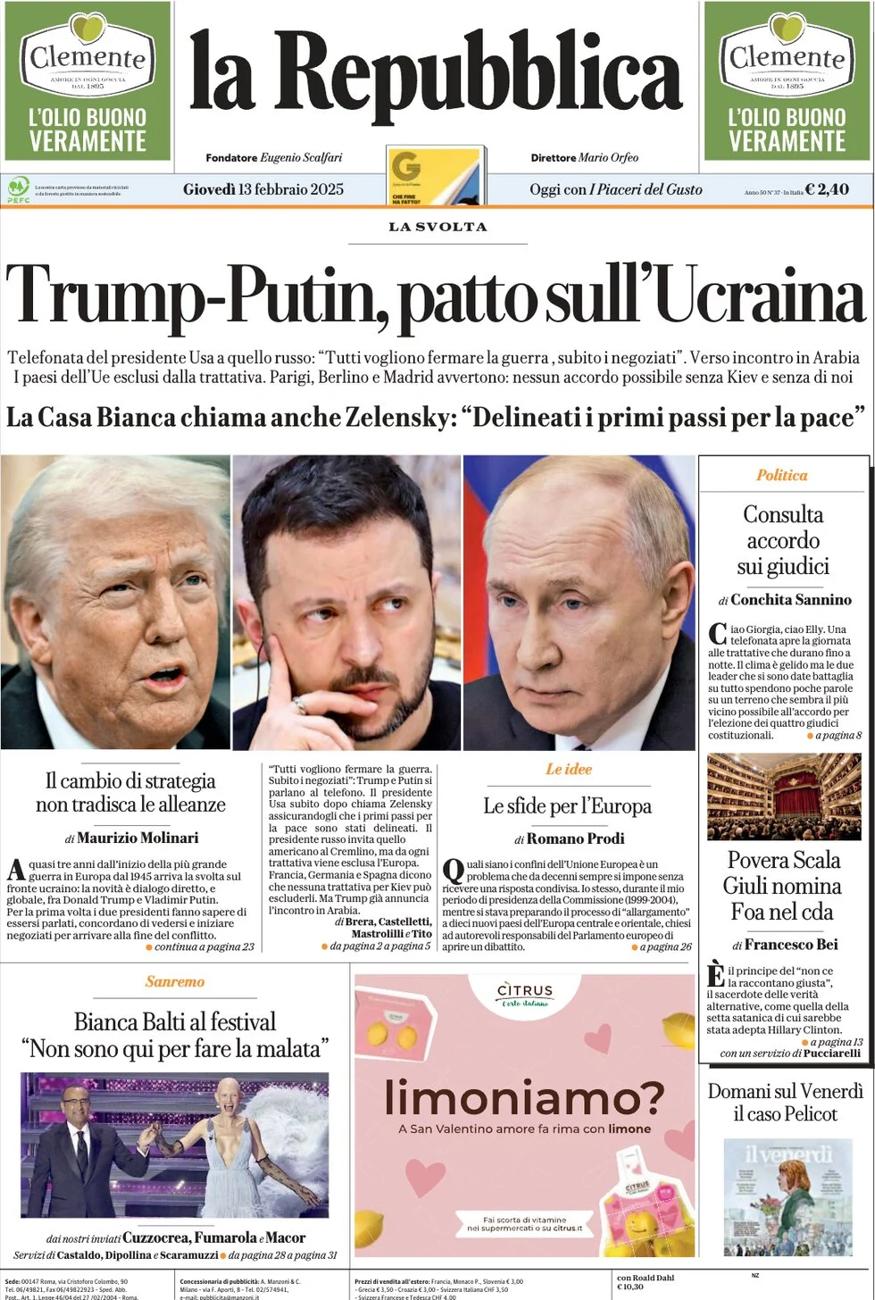 anteprima della prima pagina di la-repubblica del 13/02/2025