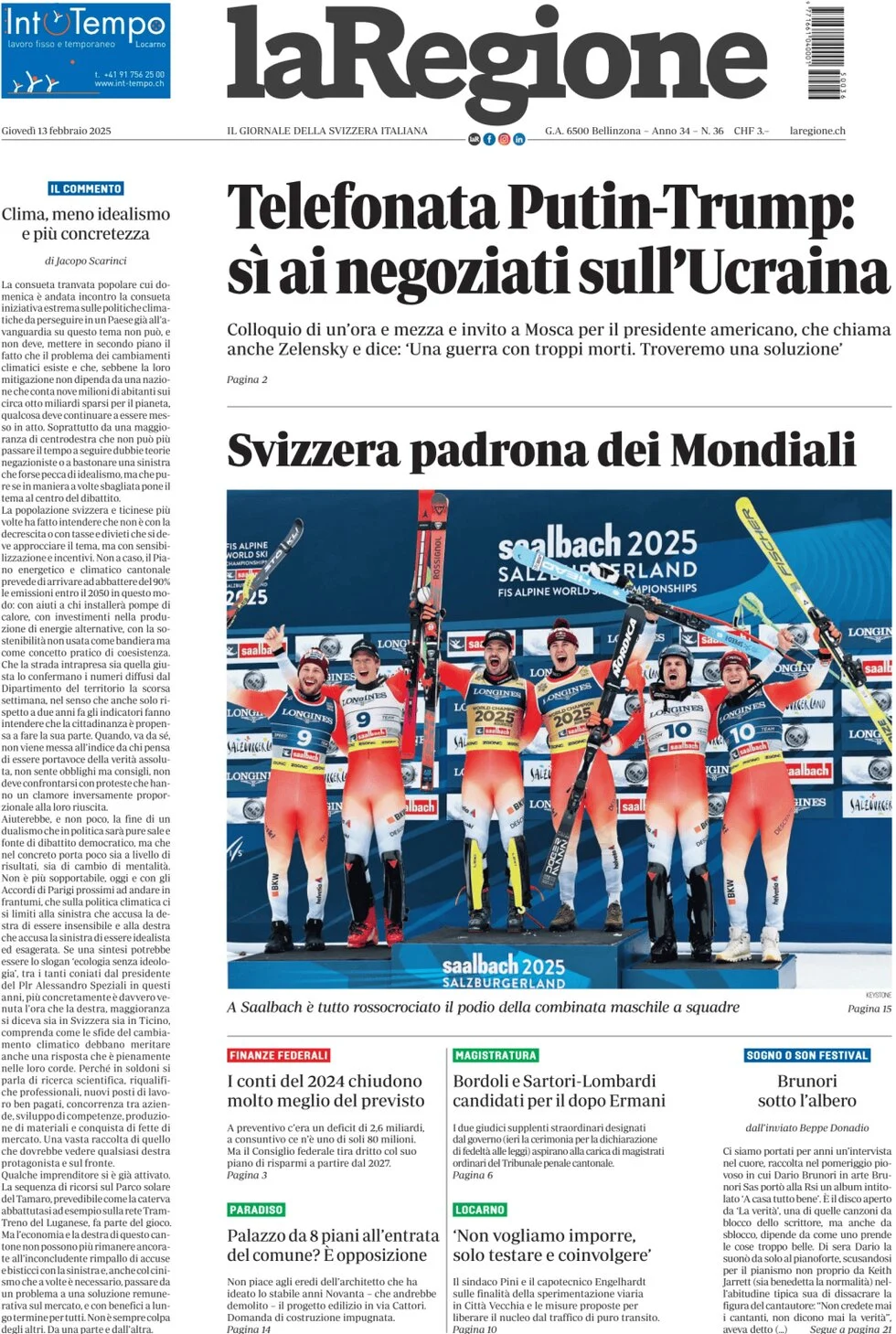 anteprima della prima pagina di la-regione del 13/02/2025