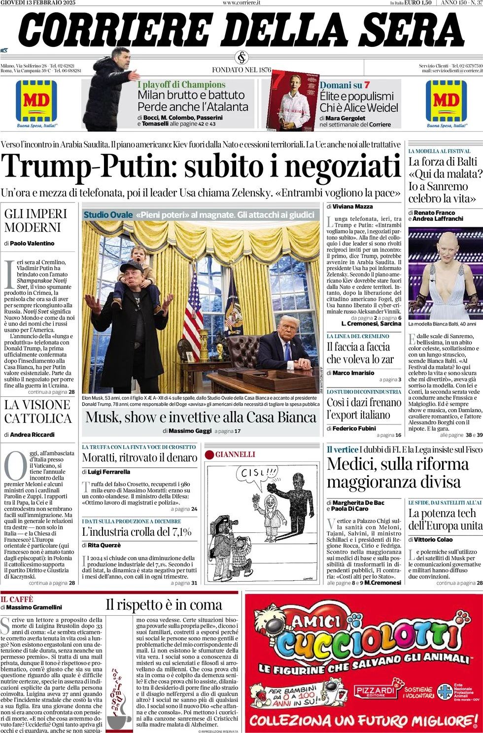 anteprima della prima pagina di corriere-della-sera del 13/02/2025