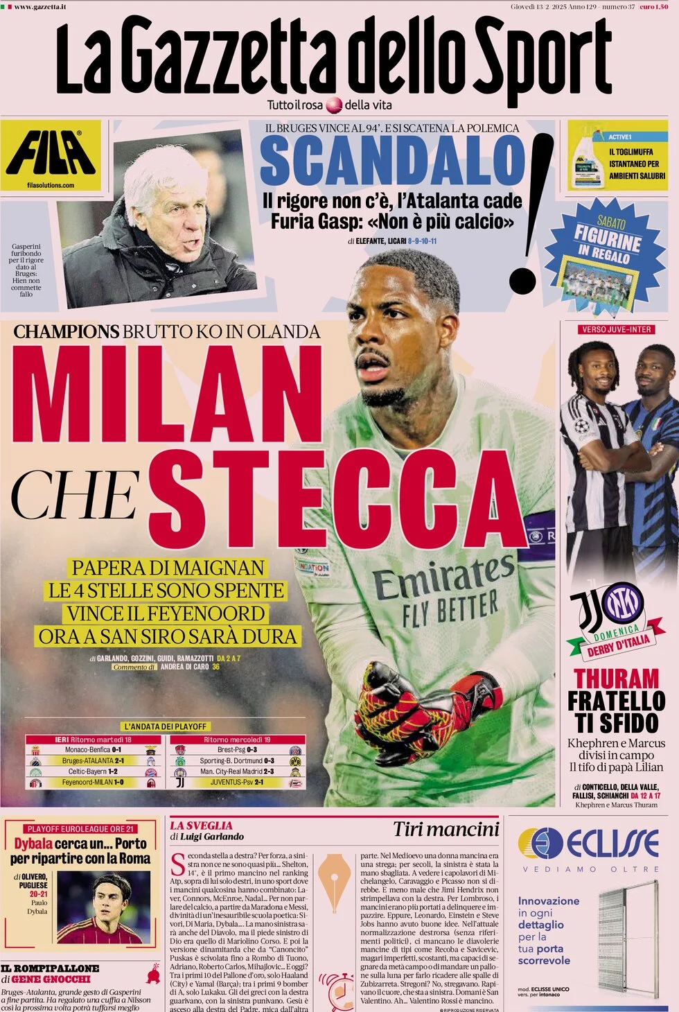 anteprima della prima pagina di la-gazzetta-dello-sport del 13/02/2025