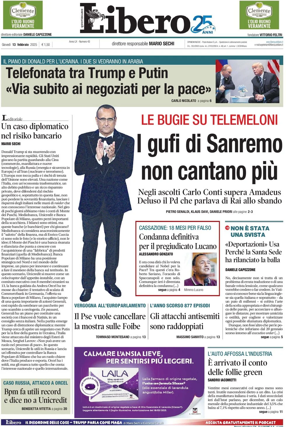 anteprima della prima pagina di libero-quotidiano del 13/02/2025