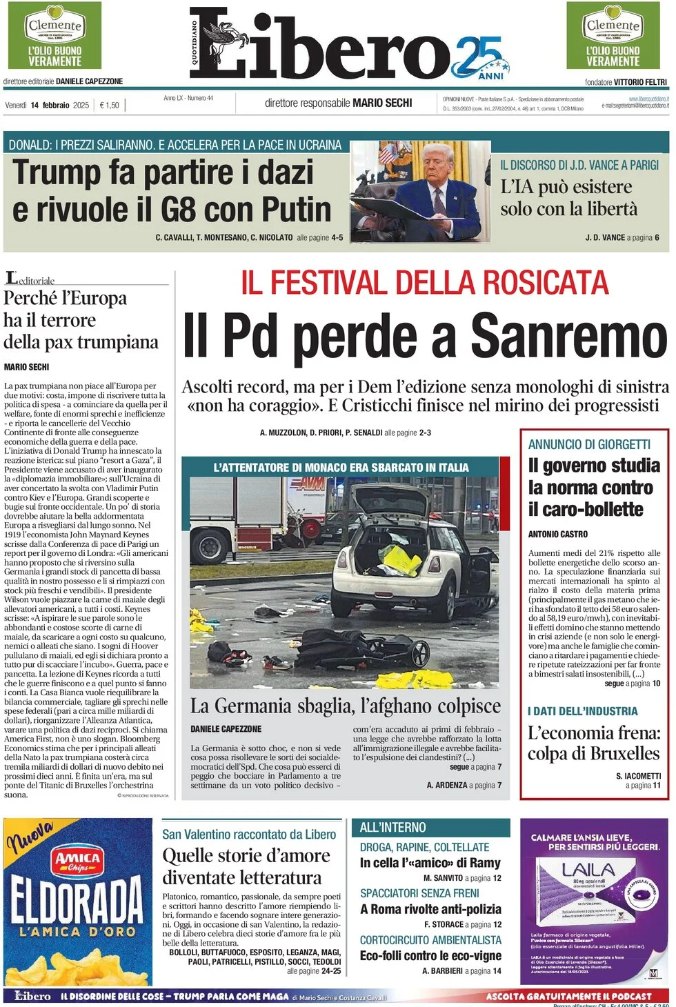 anteprima della prima pagina di libero-quotidiano del 14/02/2025