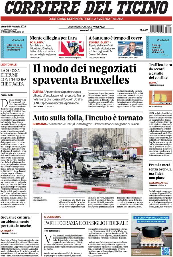 anteprima della prima pagina di corriere-del-ticino del 14/02/2025