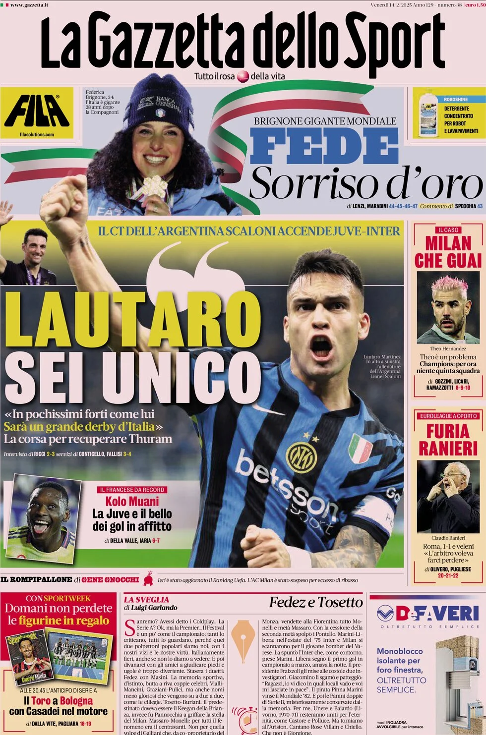 anteprima della prima pagina di la-gazzetta-dello-sport del 14/02/2025