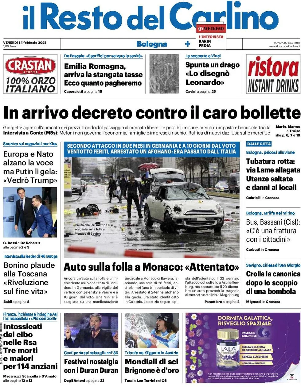 anteprima della prima pagina di il-resto-del-carlino del 14/02/2025