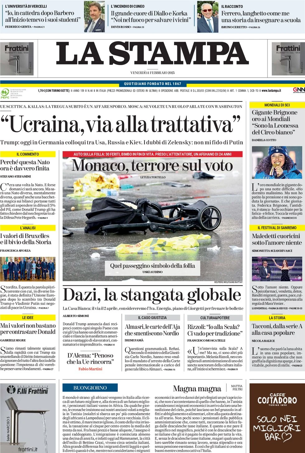anteprima della prima pagina di la-stampa del 14/02/2025