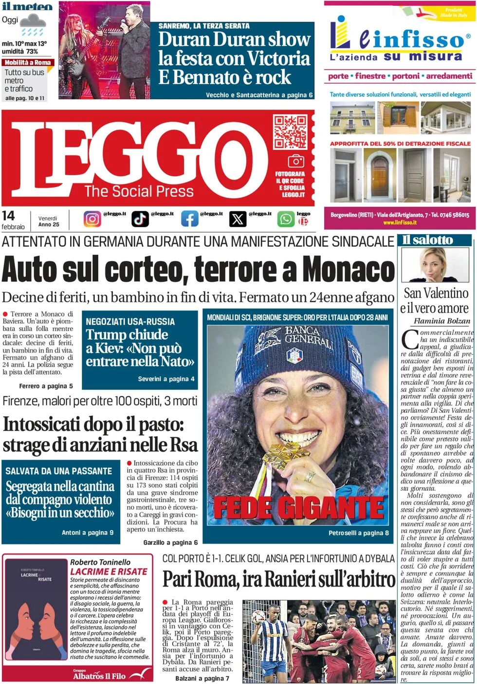 anteprima della prima pagina di leggo-roma del 14/02/2025