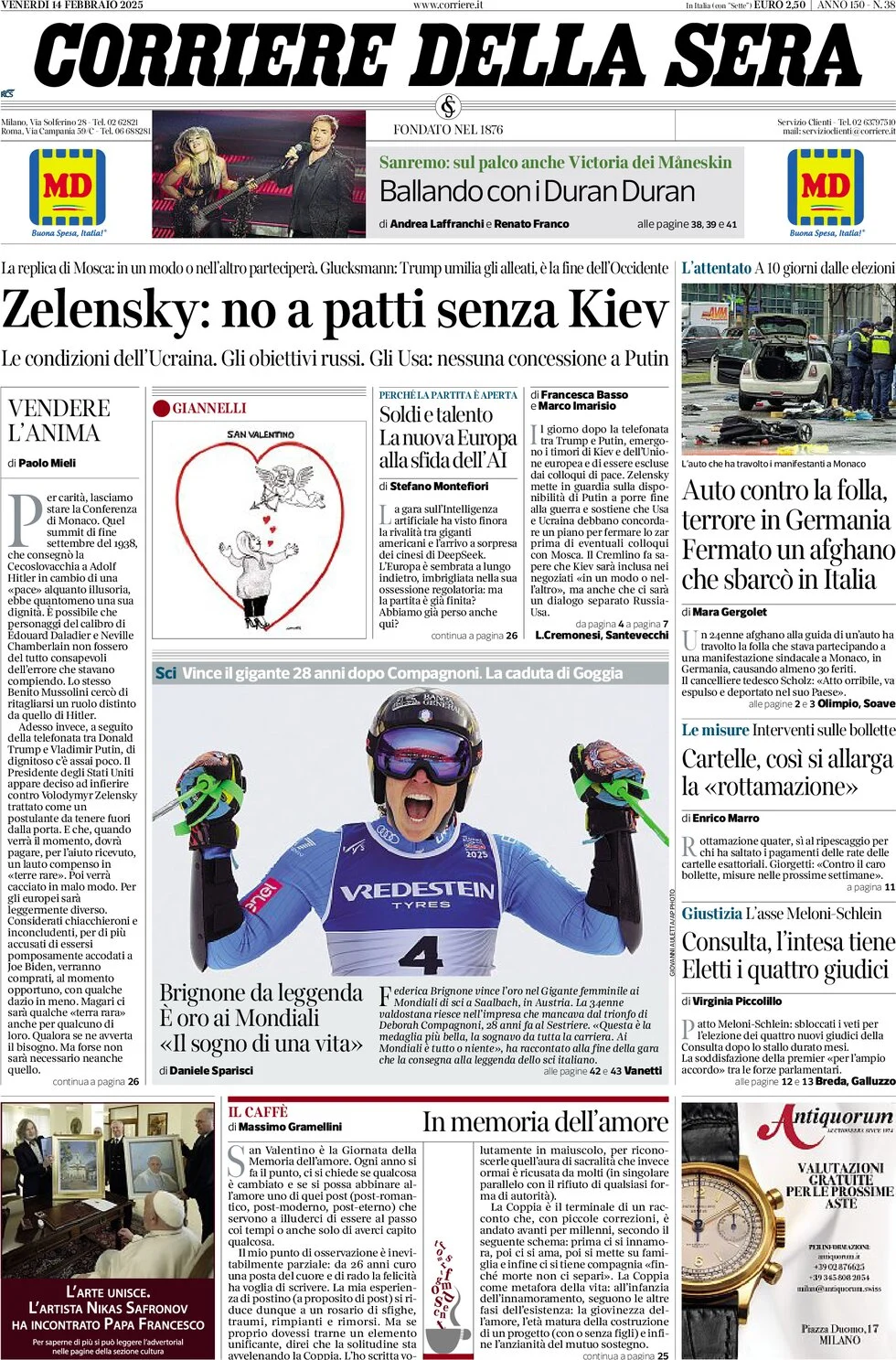 anteprima della prima pagina di corriere-della-sera del 14/02/2025