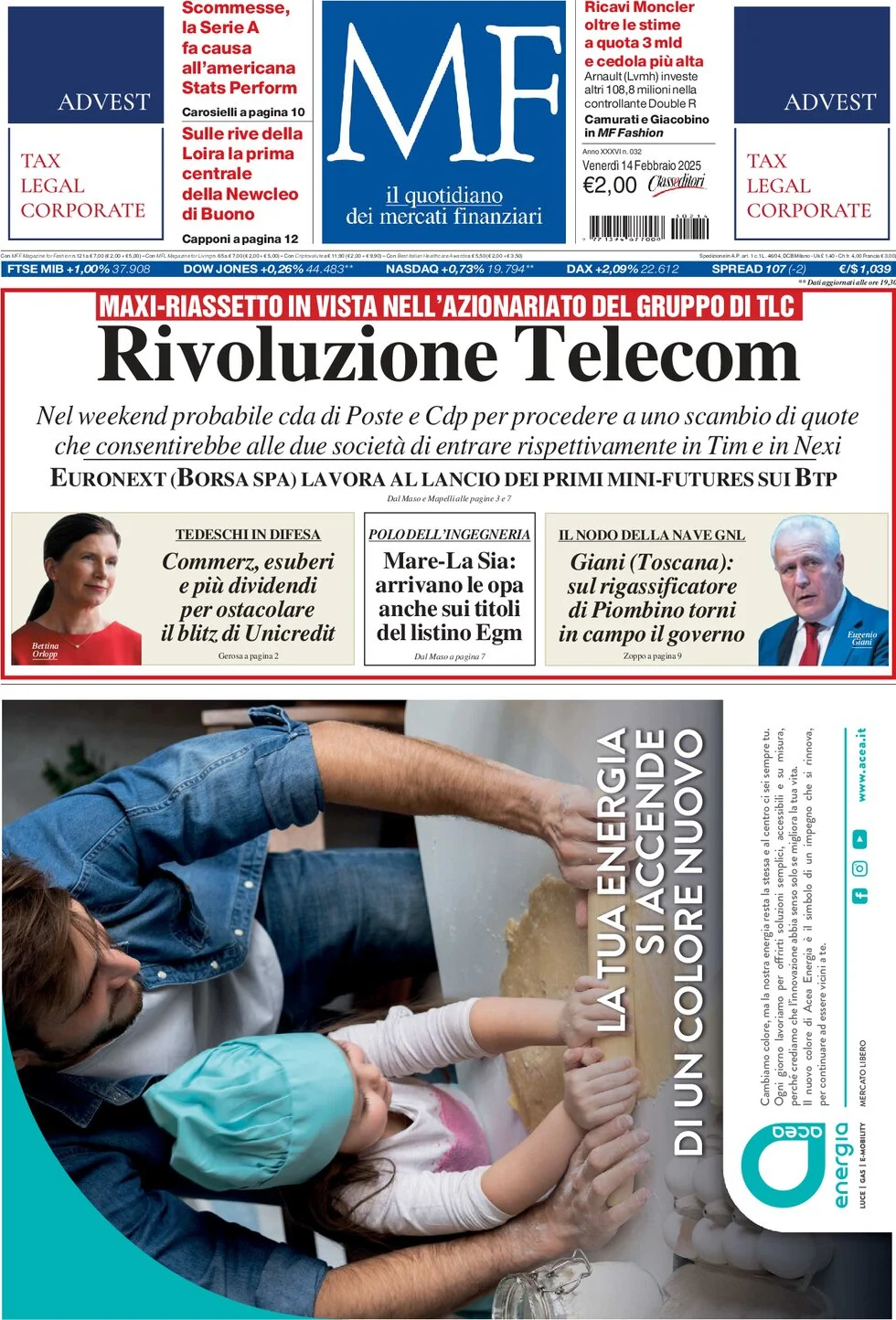 anteprima della prima pagina di mf-milano-finanza del 14/02/2025