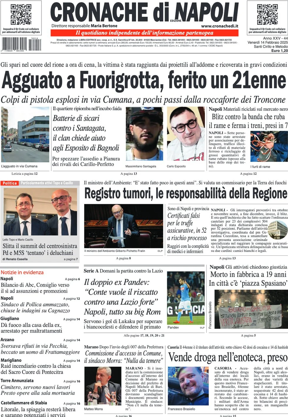 anteprima della prima pagina di cronache-di-napoli del 14/02/2025