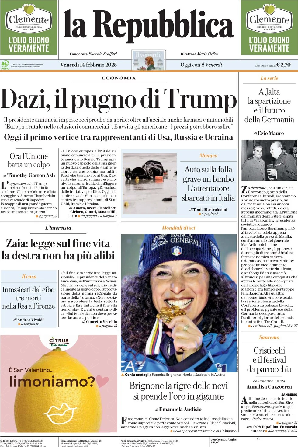 anteprima della prima pagina di la-repubblica del 14/02/2025
