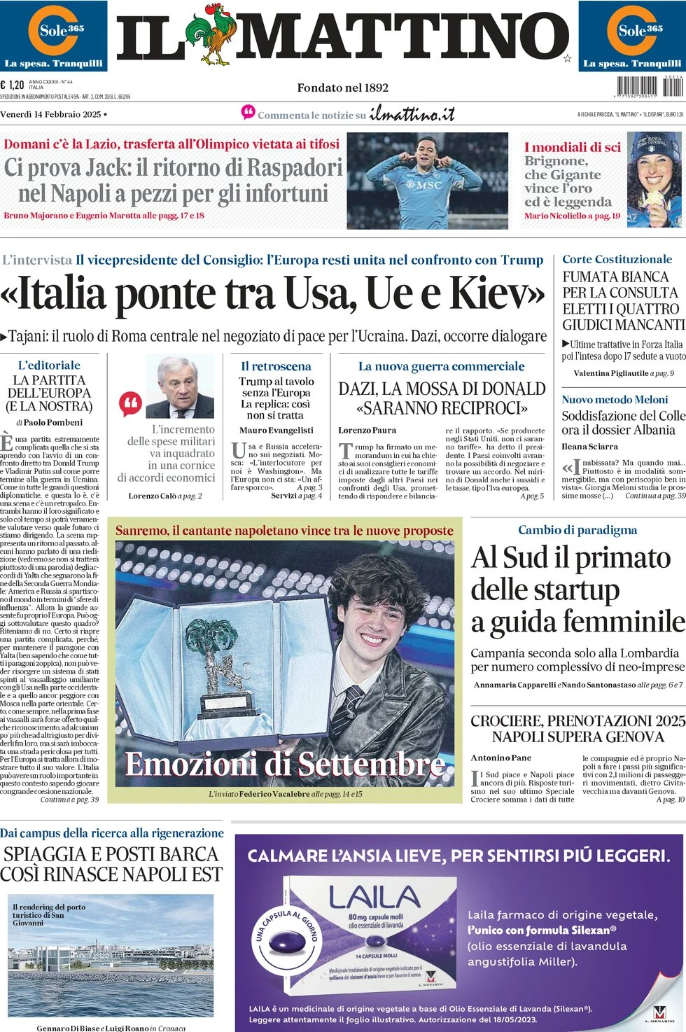 anteprima della prima pagina di il-mattino del 14/02/2025