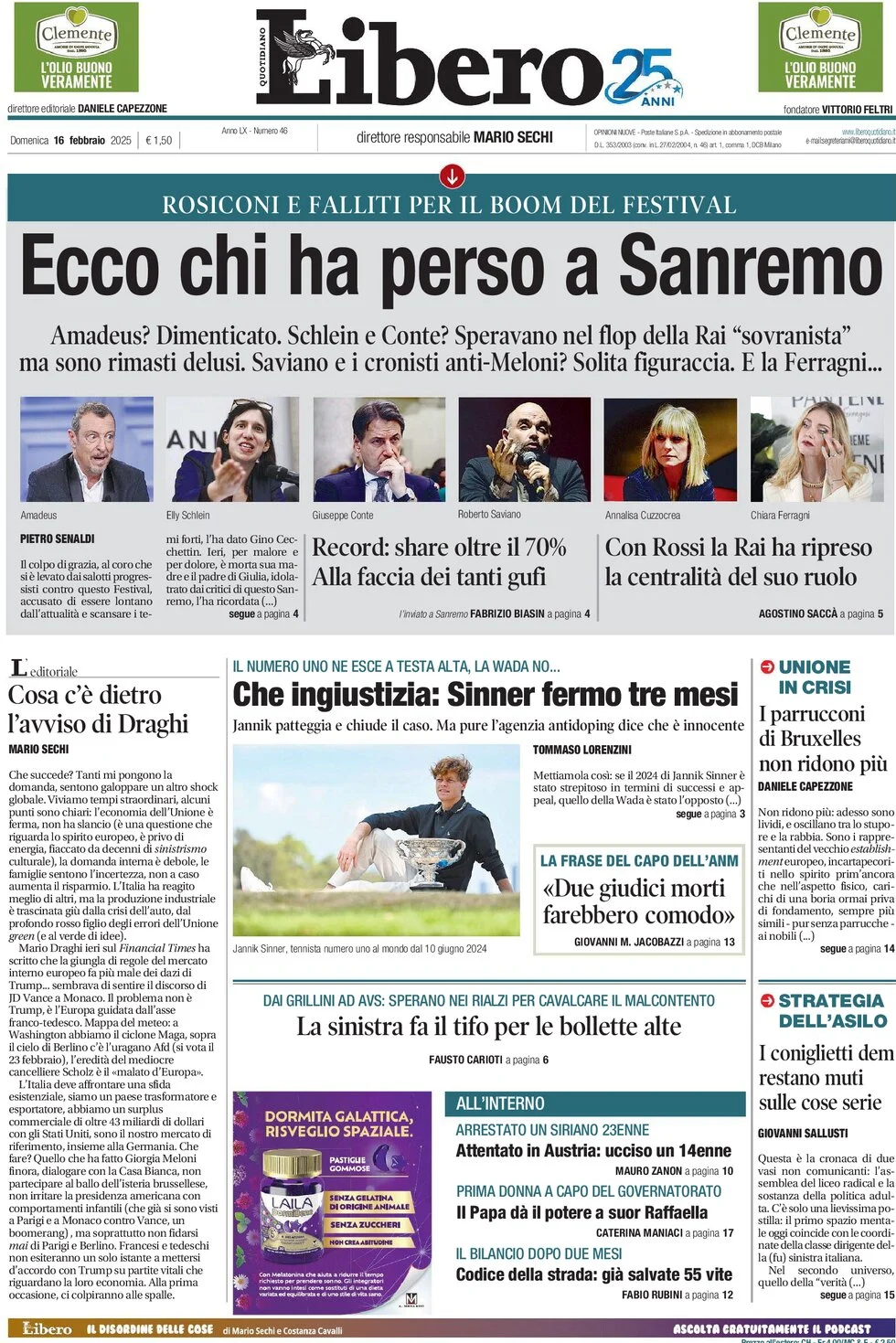 anteprima della prima pagina di libero-quotidiano del 16/02/2025