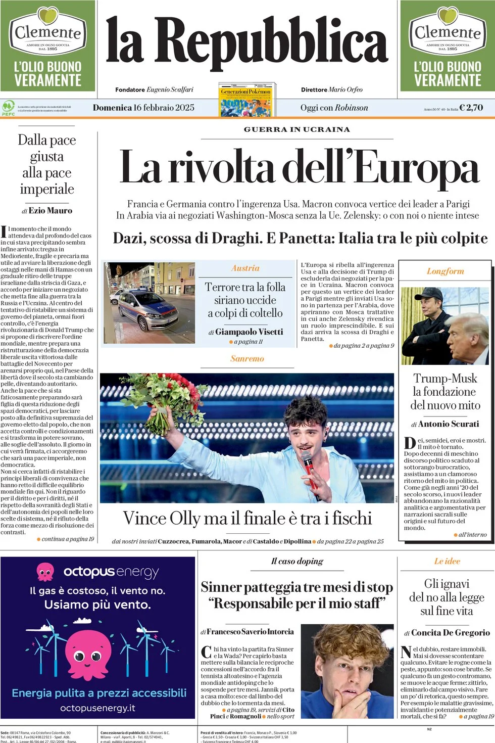 anteprima della prima pagina di la-repubblica del 16/02/2025