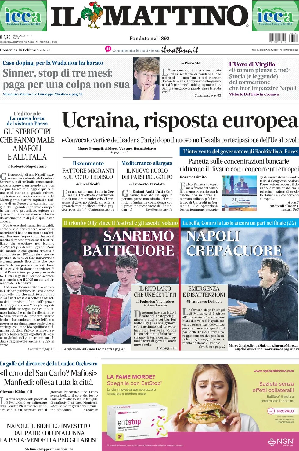 anteprima della prima pagina di il-mattino del 16/02/2025