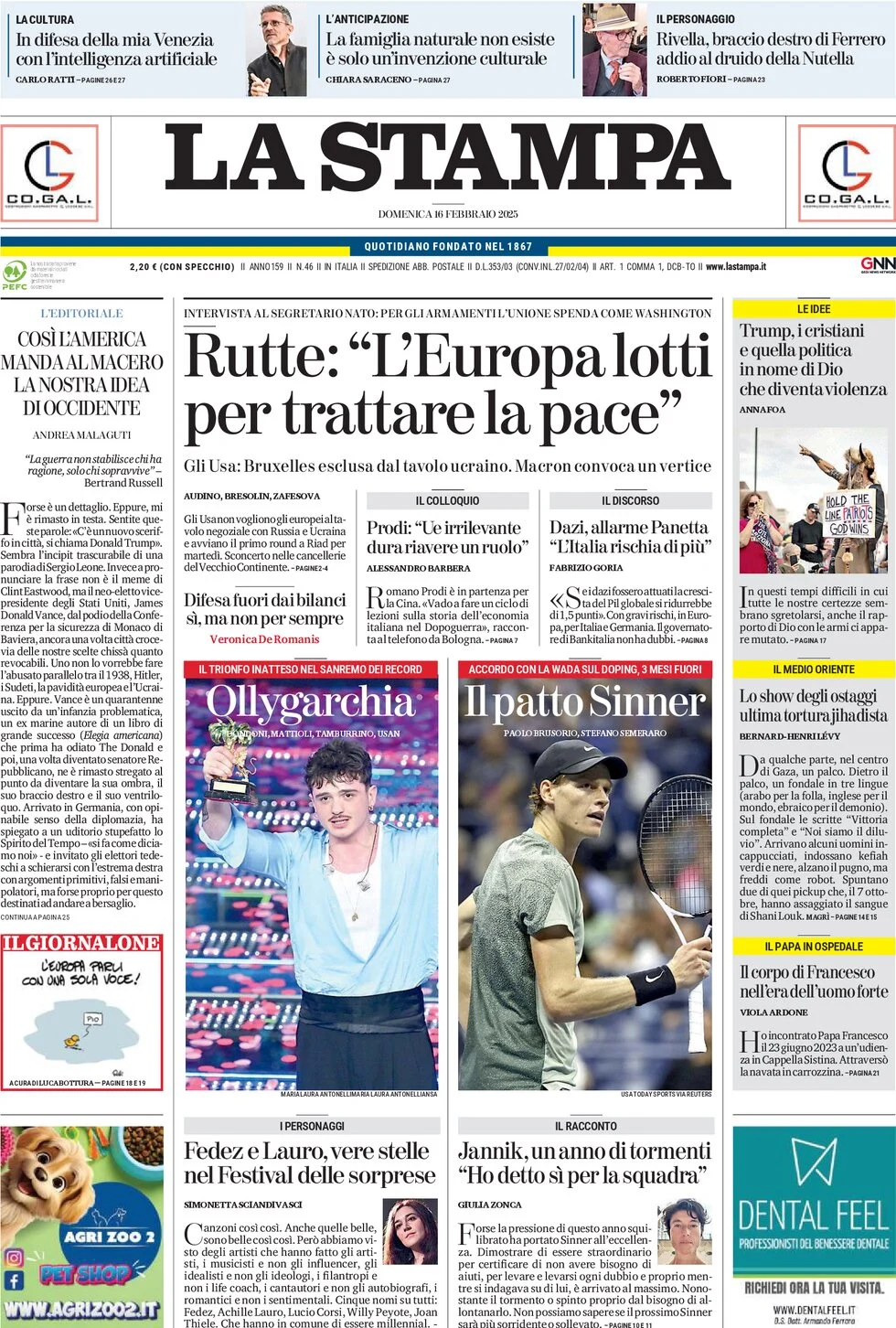 anteprima della prima pagina di la-stampa del 16/02/2025