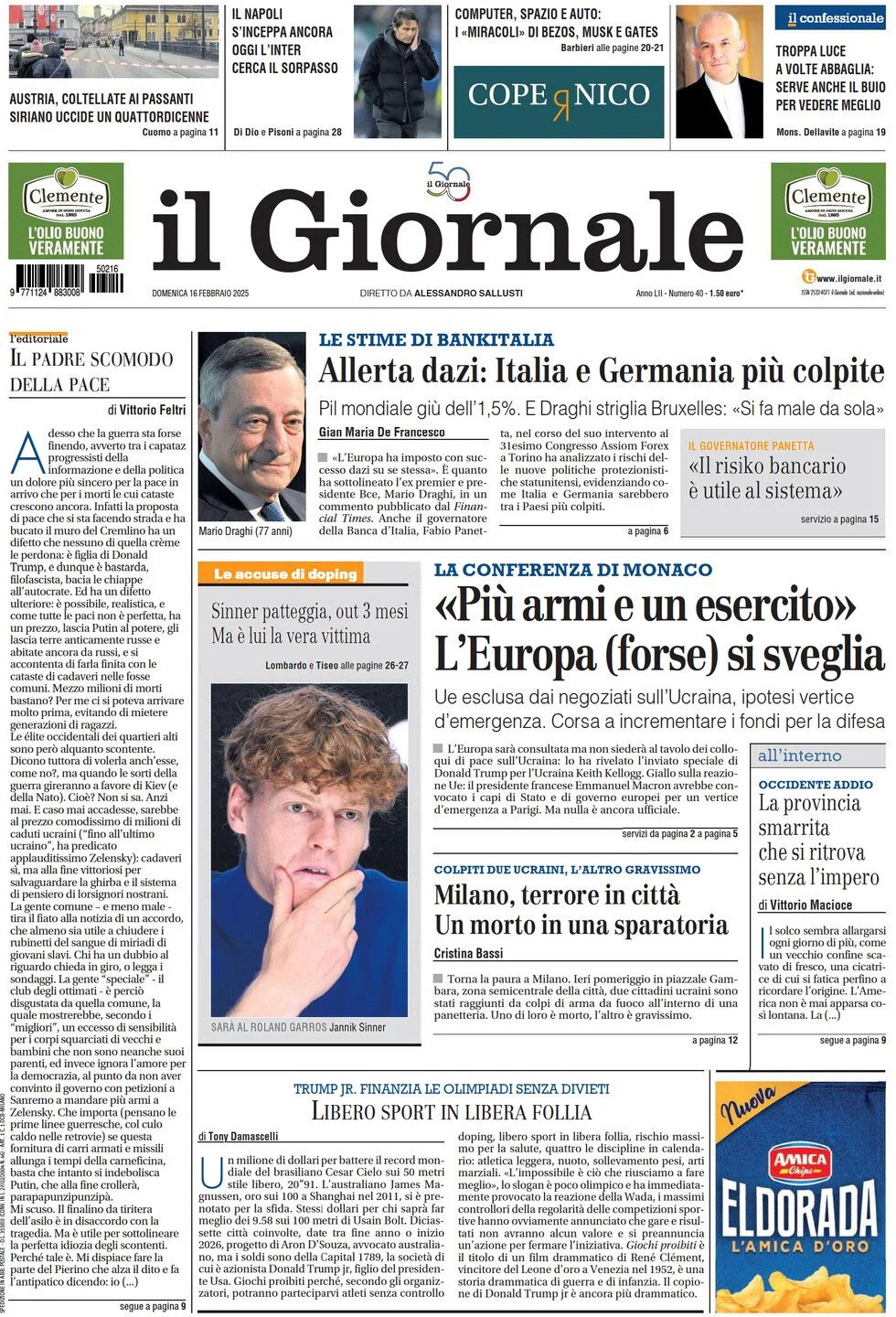 anteprima della prima pagina di il-giornale del 16/02/2025